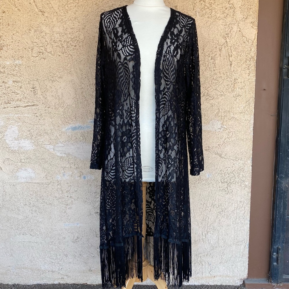 Black Lace Fringe Longline Duster